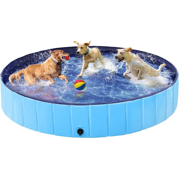 63"x 12" Large Foldable Dog Pool, Collapsible Hard Plastic Pet Swimming & Bath Tub, Durable Scratch Resistant Wading Pool for Puppy, Small, Medium & Large DogsBlue