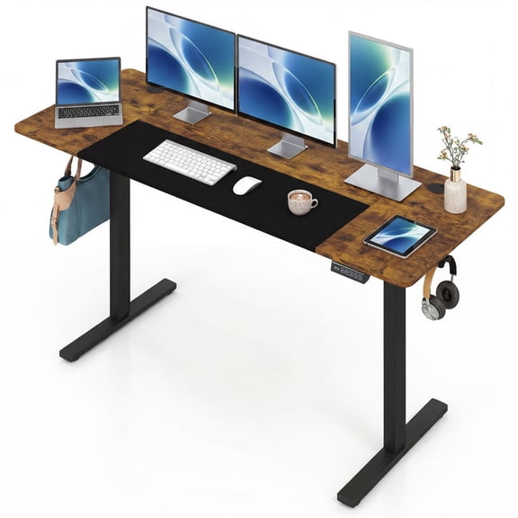 63"x 24" Height Adjustable Sit Stand Computer Desk with 3 Memory Presets & Hanging Hooks, Electric Ergonomic Stand up Desk for Home Office, Rustic Brown