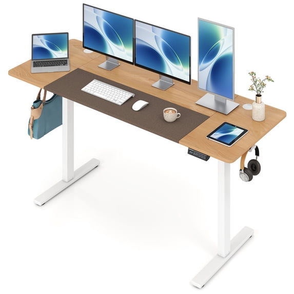 63"x 24" Height Adjustable Sit Stand Computer Desk with 3 Memory Presets & Hanging Hooks, Electric Ergonomic Stand up Desk for Home Office, Natural