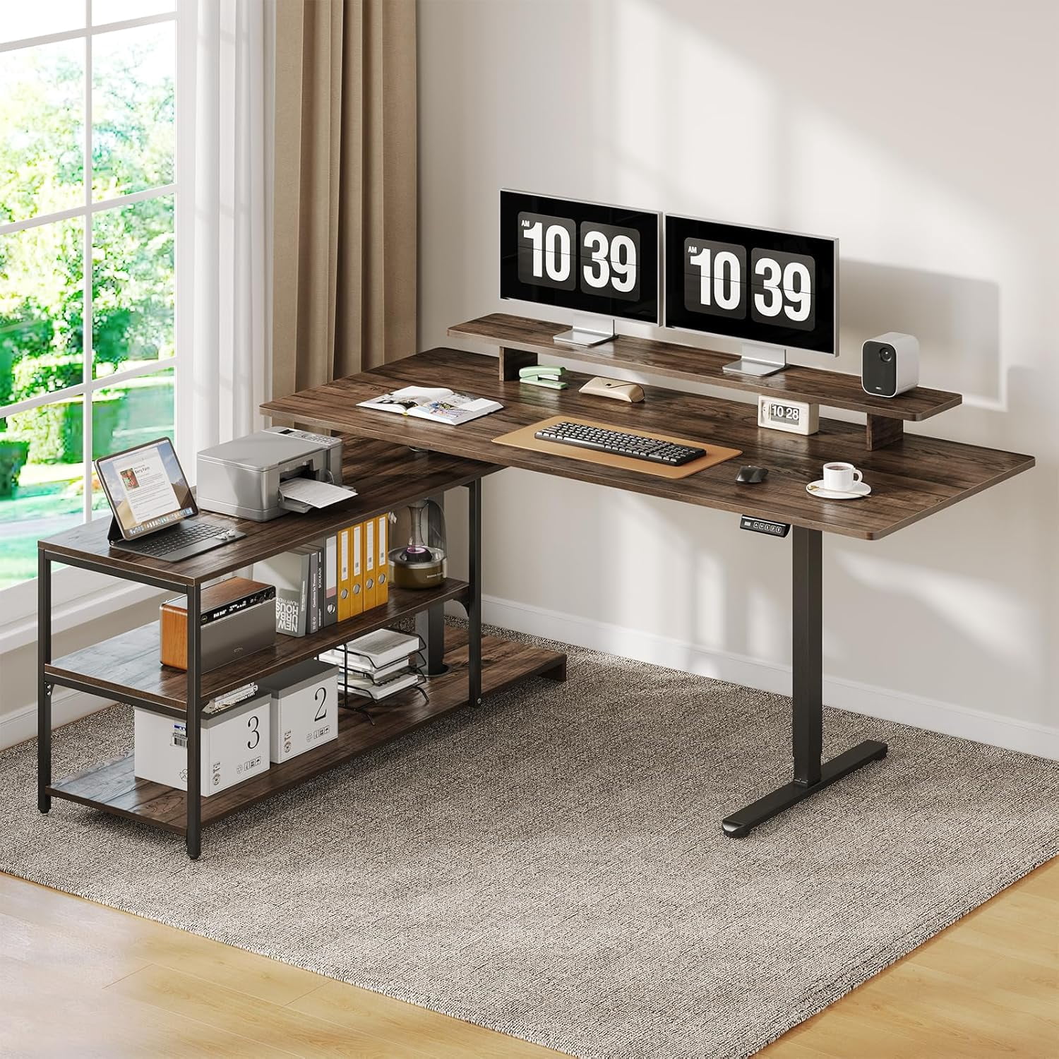 63 x 24 Inch L-Shaped Electric Standing Desk with Adjustable Monitor Shelf, Height Adjustable 28-46 Inches, Walnut
