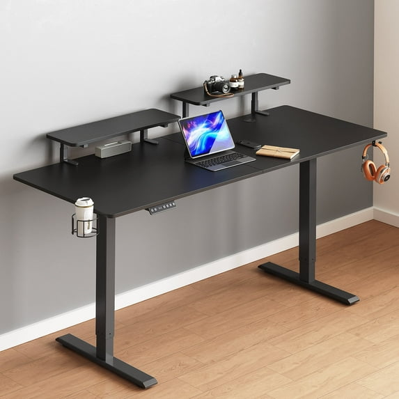 63 x 24 Inches Standing Desk with 2 Adjustable Monitor Shelves, Electric Stand Up Desk Adjustable Height from 28-46 inches for Home and Office, Black