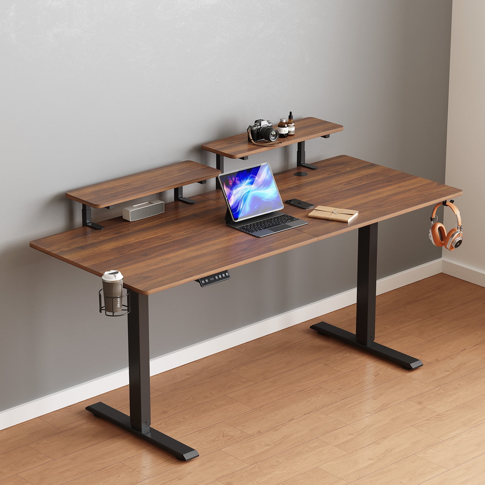 63 x 24 Inches Standing Desk with 2 Adjustable Monitor Shelves,  Electric Stand Up Desk Adjustable Height from 28-46 inches for Home and Office, Walnut