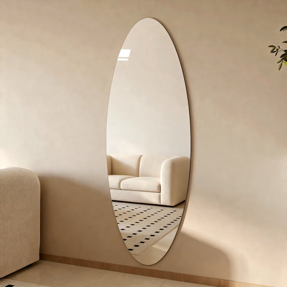 63" x 24" Modern Oval Full Length Wall Mirror, HD Copper-Free Silver Glass, Shatterproof & Moisture-Resistant, Vertical Hanging or Adhesive Mount, Bedroom & Salon