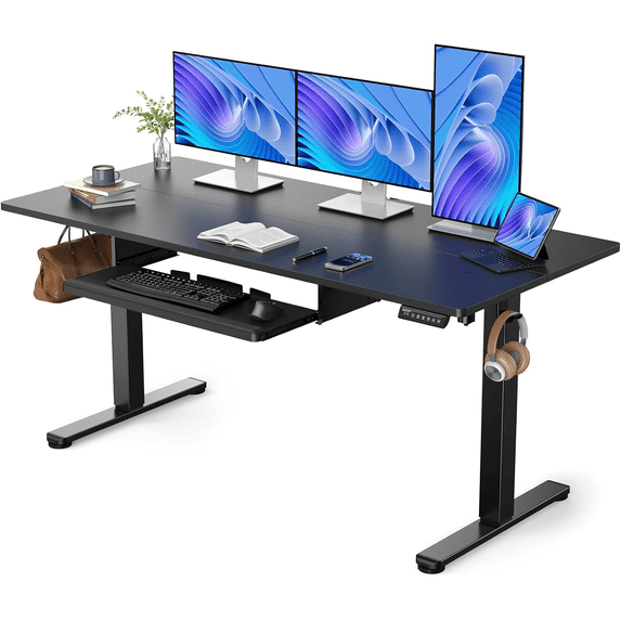 63" x 28" Large Electric Standing Desk with Keyboard Tray and 4 Memory Pre-set, Adjustable Height Sit Stand Up Computer Desk, Black
