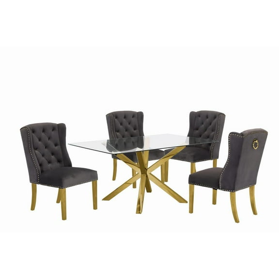 63"x 39" Rectangular Clear Glass 5pc Dining Set with Gold Stainless Steel
