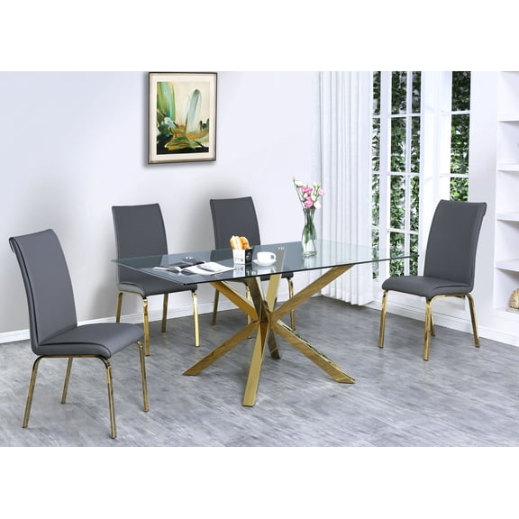 63"x 39" Rectangular Clear Glass 5pc Dining Set with Gold Stainless Steel