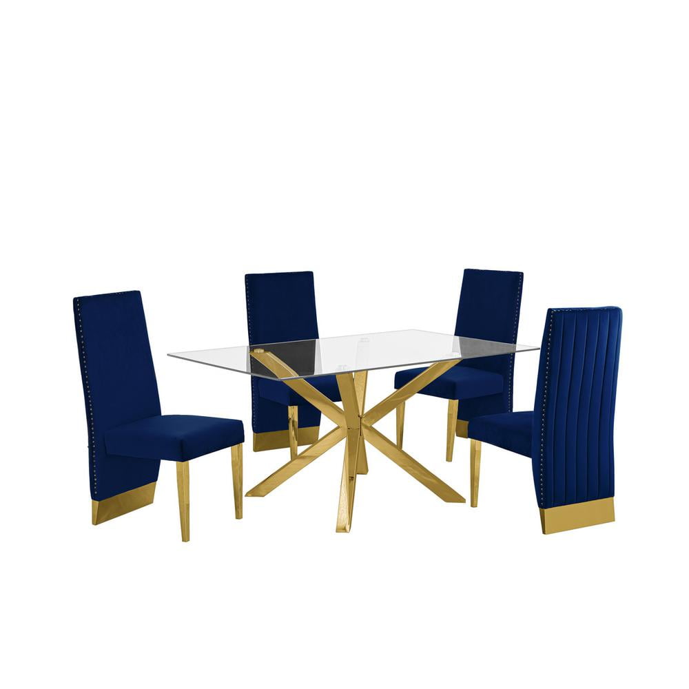 63" Rectangular Clear Glass Dining Set with Navy Blue Velvet Chairs
