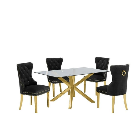 63"x 39" Rectangular Clear Glass 5pc Dining Set with Gold Stainless Steel