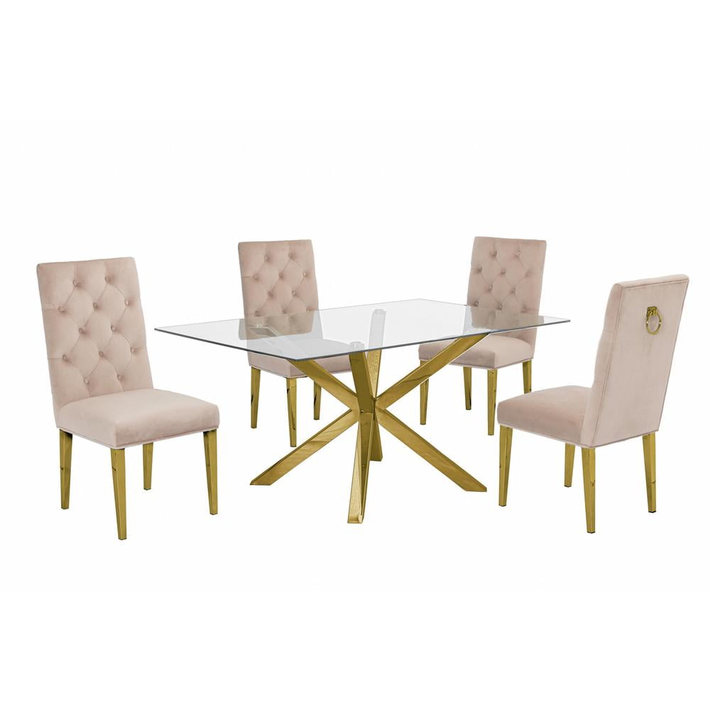 63" x 39" Clear Glass Dining Set with Gold Base and Beige Velvet Chairs