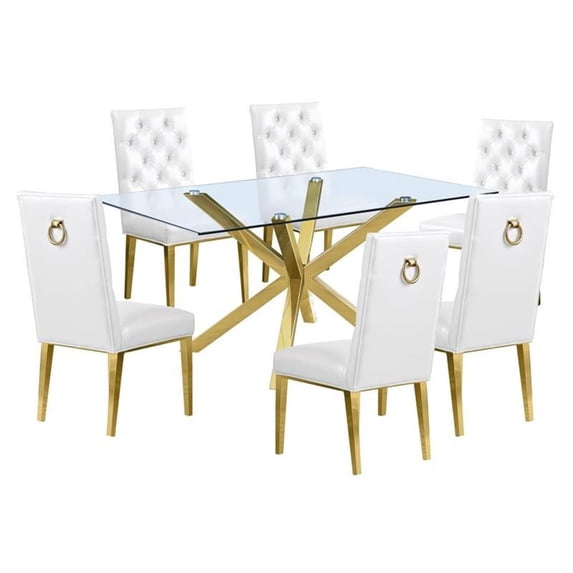 63"x 39" Rectangular Clear Glass 7pc Dining Set with Gold Stainless Steel