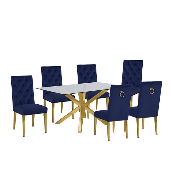 63"x 39" Rectangular Clear Glass 7pc Dining Set with Gold Stainless Steel
