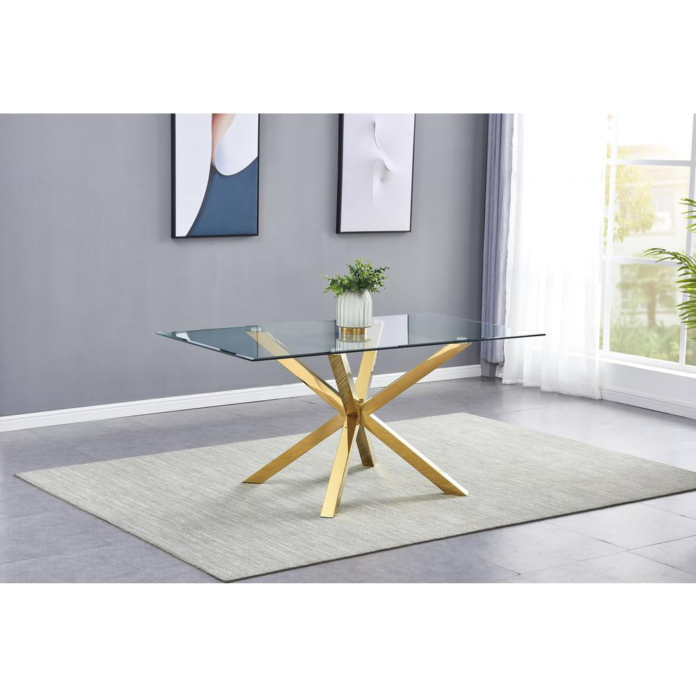 Elegant 63" Rectangular Clear Glass Dining Table with Gold Stainless Steel Base