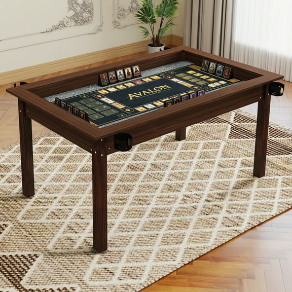 63" x 40" Board Game Table with Removable Table Top for 46 Players, Gaming and Dining Table with Solid Wood Legs, Non-Slip Play Mat, Rotating Cup Holders-Rustic Brown