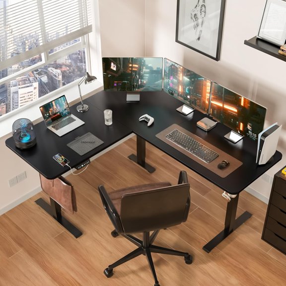 63 x 55 Inch L Shaped Standing Desk Electric Adjustable Height Corner Computer Desk for Home Office Gaming Classic Black
