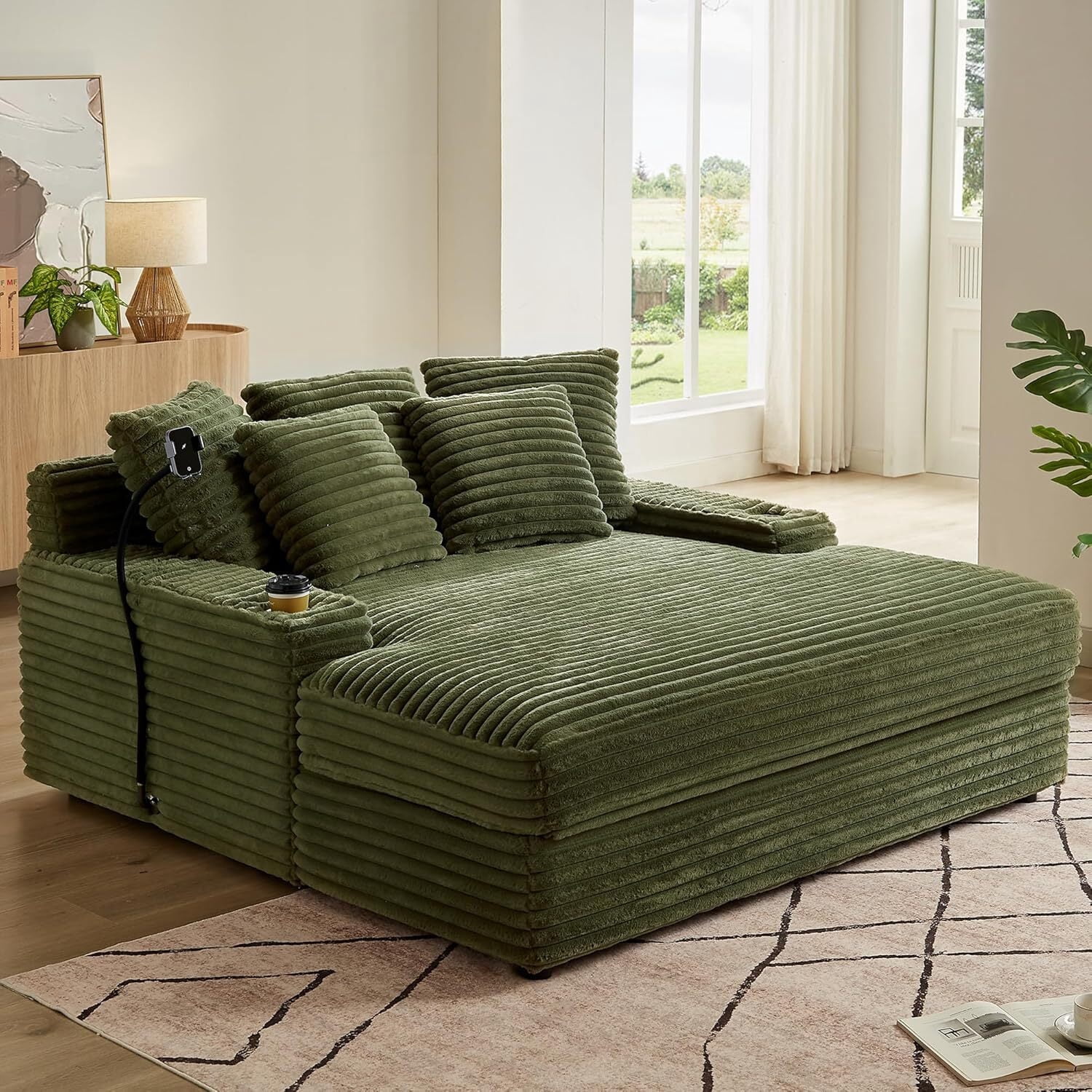 63" x 65" Oversized Chaise Lounge Chair, Corduroy Upholstered Sleeper Sofa with Wireless Charging and 2 Cup Holders, Sleeper Couch for Living Room, Bedroom, Home Theater