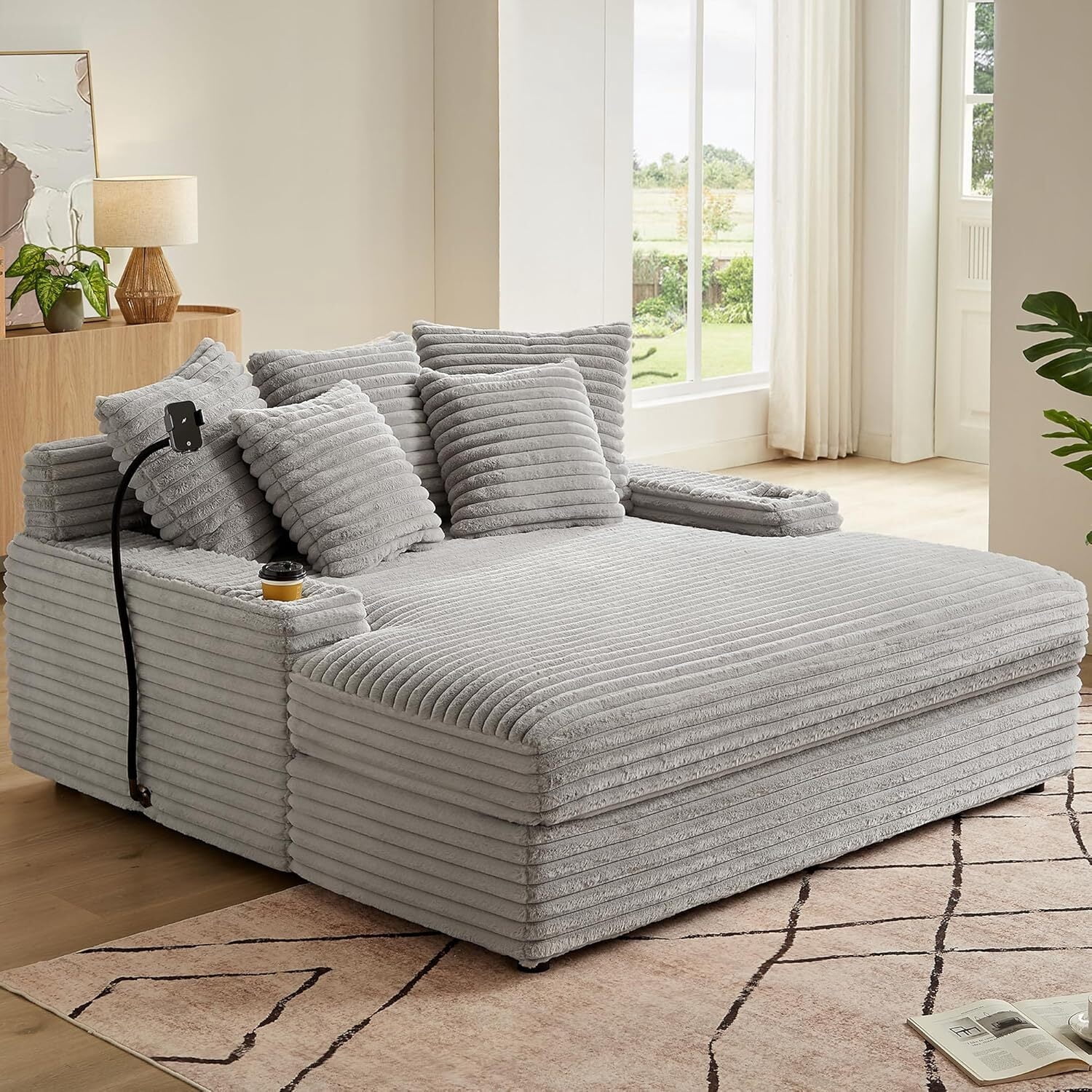 63" x 65" Oversized Chaise Lounge Chair, Corduroy Upholstered Sleeper Sofa with Wireless Charging and 2 Cup Holders, Sleeper Couch for Living Room, Bedroom, Home Theater