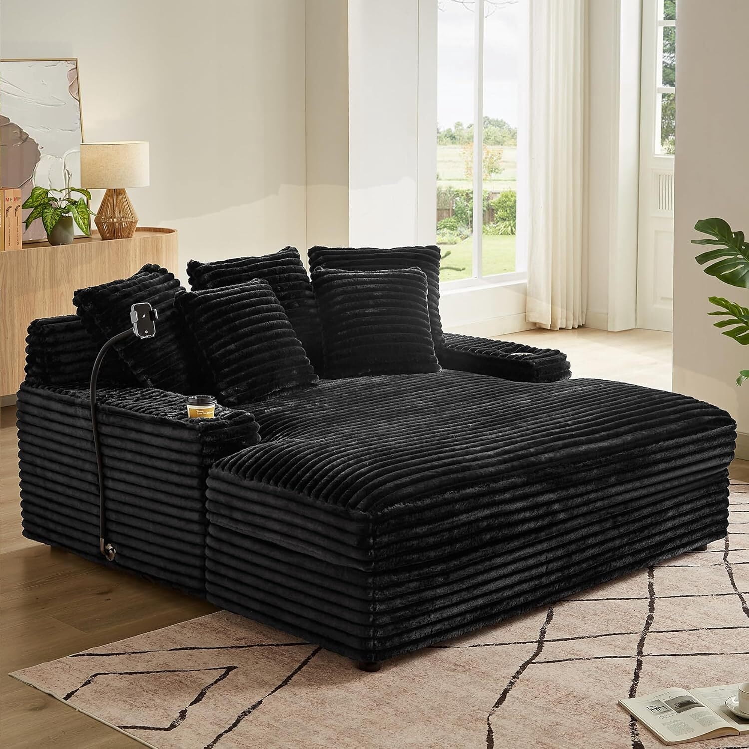 63" x 65" Oversized Chaise Lounge Chair, Corduroy Upholstered Sleeper Sofa with Wireless Charging and 2 Cup Holders, Sleeper Couch for Living Room, Bedroom, Home Theater