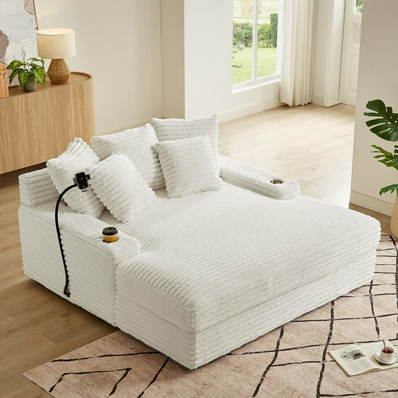 63" x 65" Oversized Chaise Lounge Chair Indoor, Corduroy Upholstered Sofa Bed with Wireless Charging and 2 Cup Holders, Sleeper Couch for Living Room