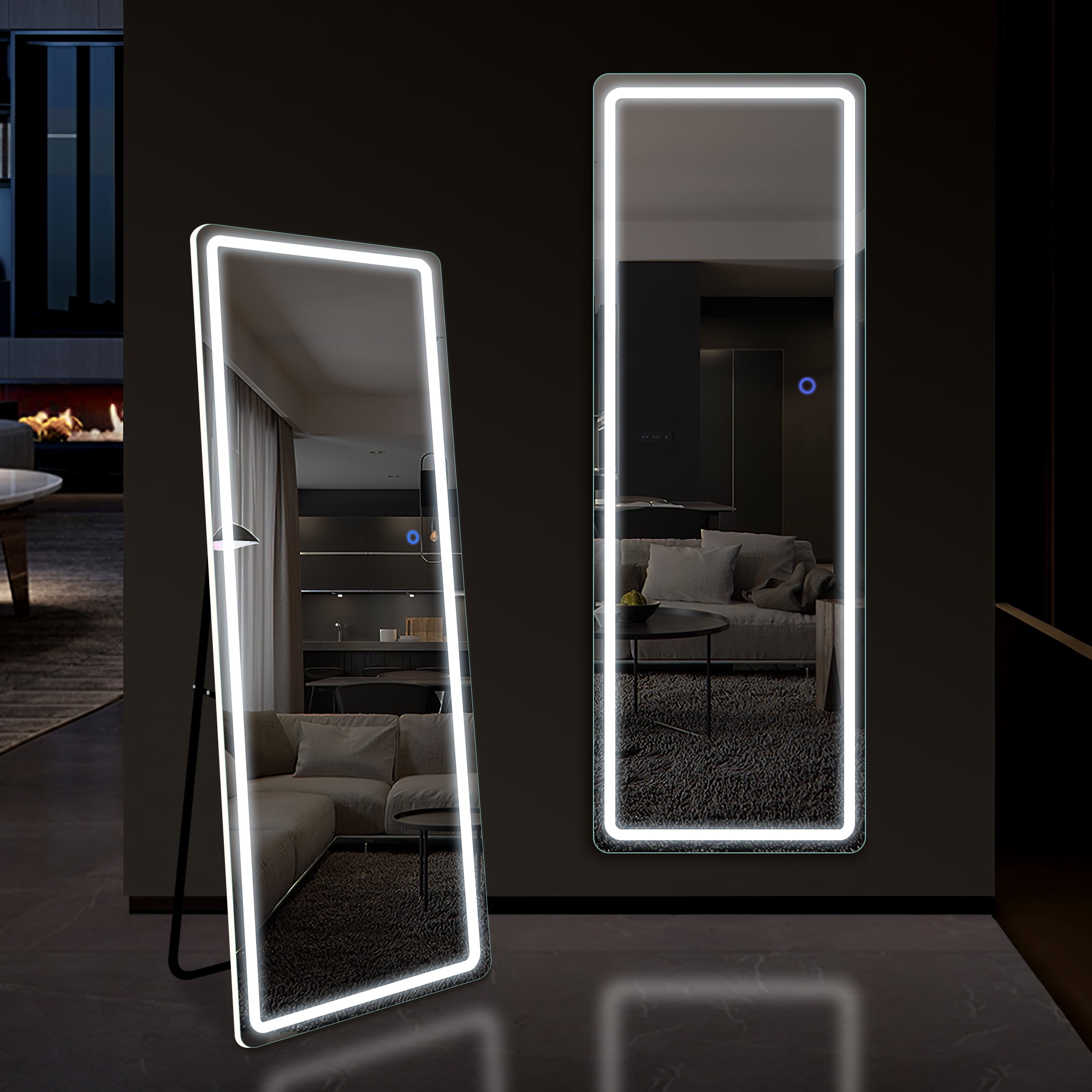 63"x16" Modern LED Floor Mirror Aluminum Alloy Frame Full Length Mirror with Bracket,White
