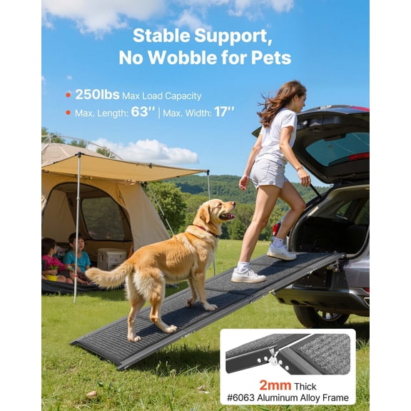 63"x17" Folding Dog Ramp for Cars 250lbs Capacity Non-Slip Pet Ramp for SUV Truck Outdoor