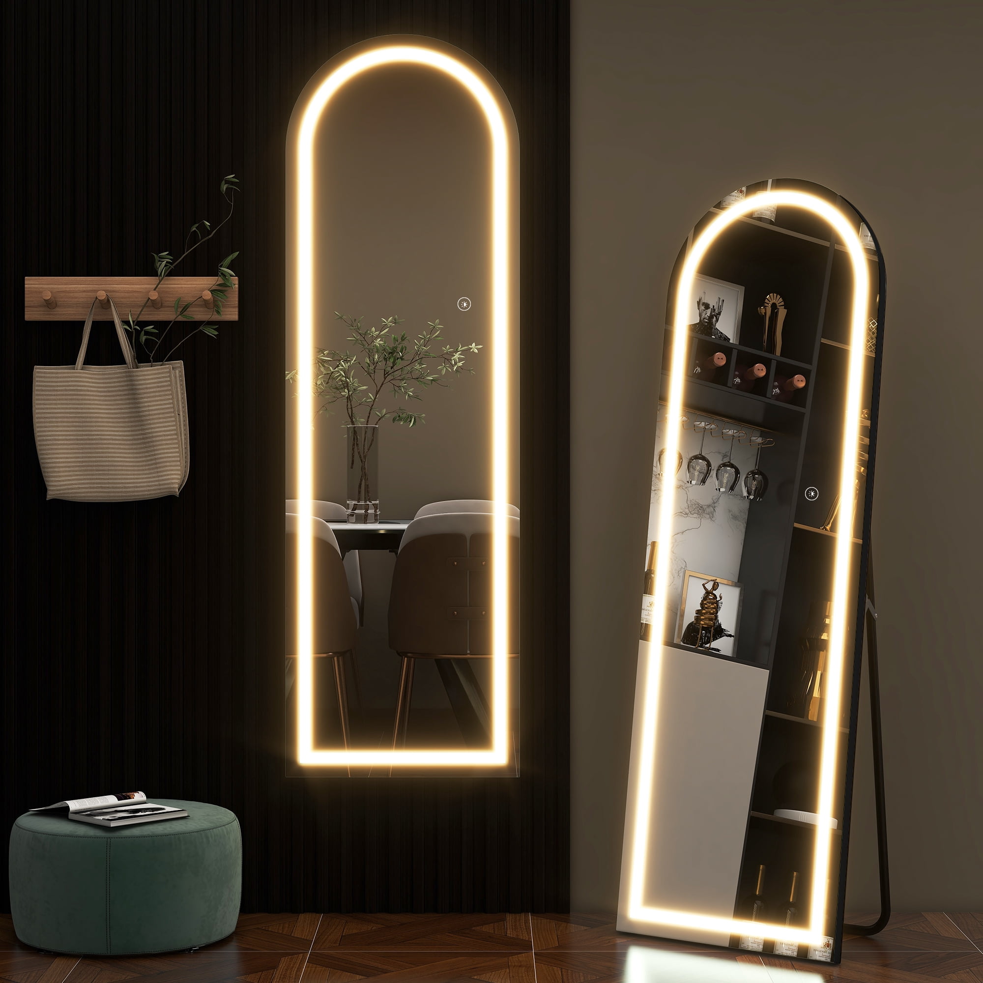 63"x20" LED Floor Mirror Aluminum Alloy Frame Arched Full Length Mirror with Bracket,Black