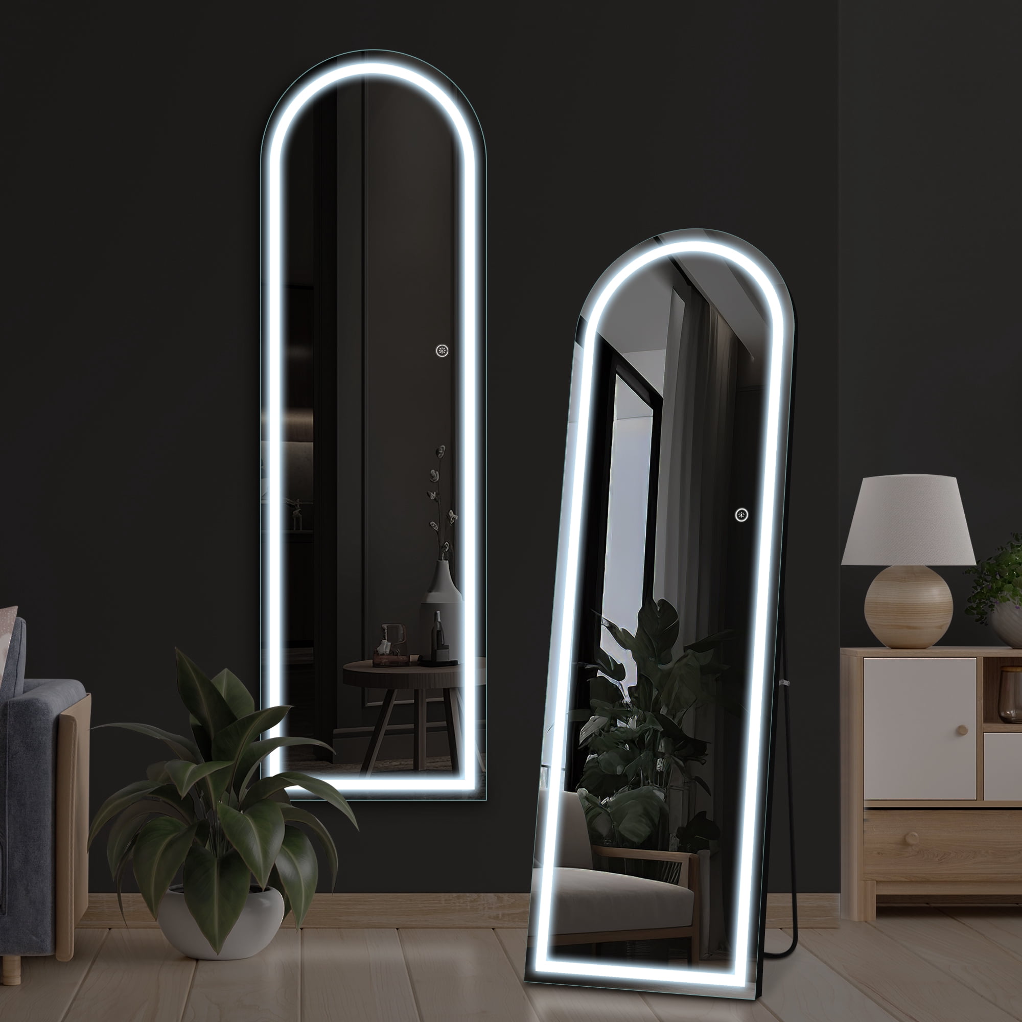 63"x20" Modern Arched Right Angle LED Full Length Mirror Floor Mirror with Bracket,Black