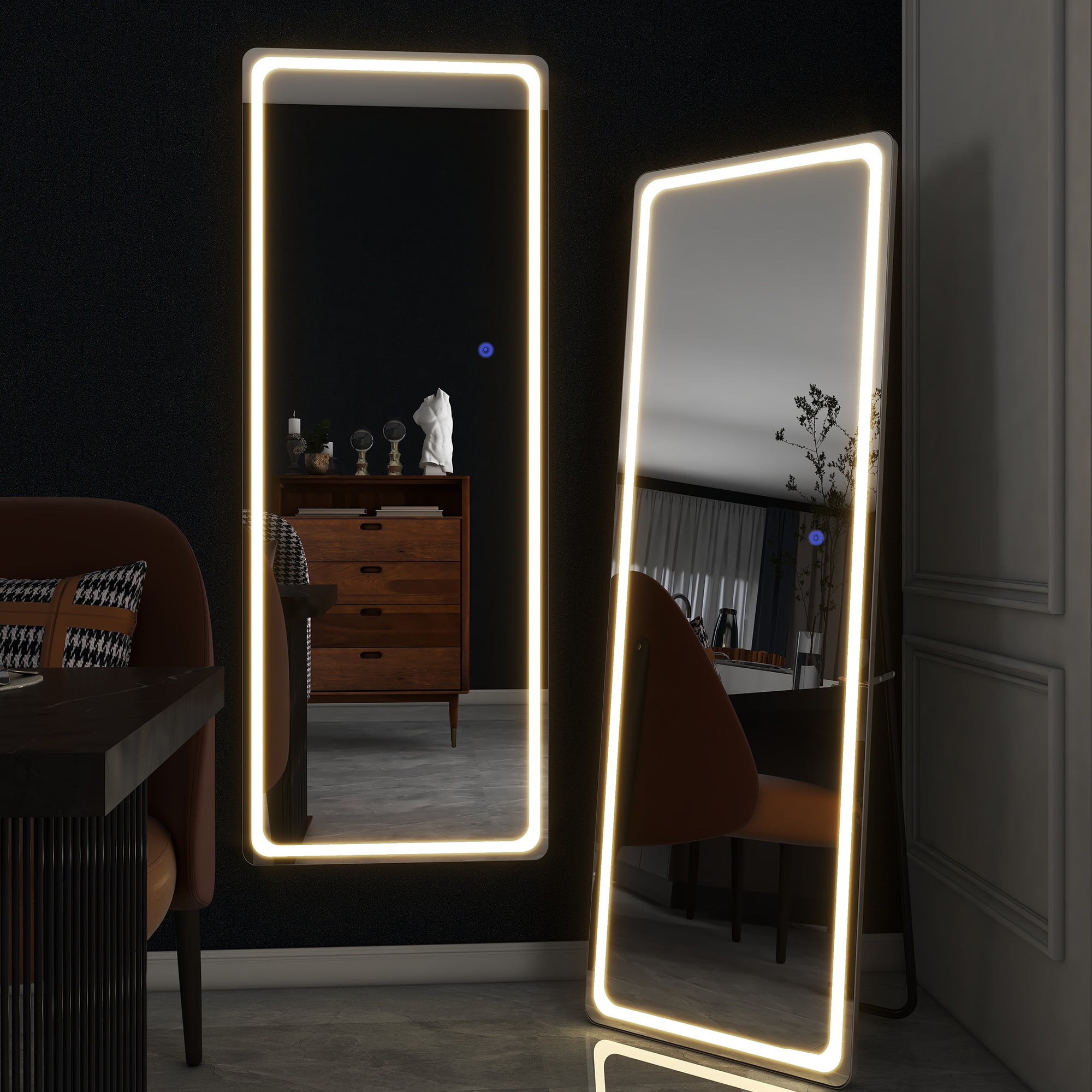 63"x20" Modern Rectangle Round Angle LED Full Length Mirror Floor Mirror with Bracket,White