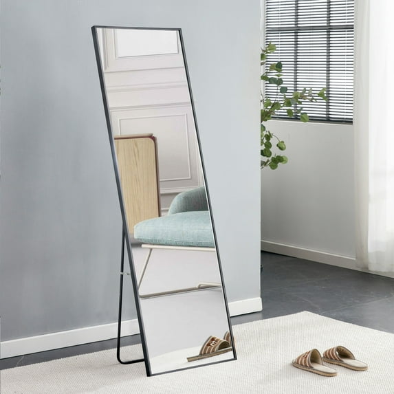 63''x20''Square Shaped Full Length Mirror, Full Body Floor Mirror Standing Hanging or Leaning Wall, Arch Wall Mirror with Stand Metal Support for Bedroom Cloakroom, Black