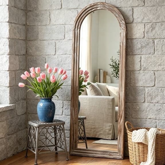 63"x21" Arched Solid Wood Full Length Floor Mirror, Whitewashed Rustic Farmhouse Body Mirror with Stand, Triple-Layer Frame for Bedroom & Entryway