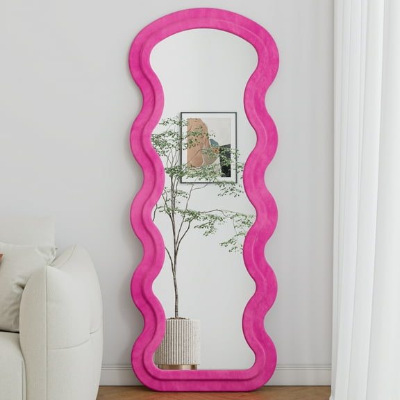 63"x24" Irregular Full Length Mirror, Large Freely Full Body Standing Mirror, Flannel Wave Floor Mirror with Stand for Bedroom, Living Room, Hanging or Against The Wall, Rose