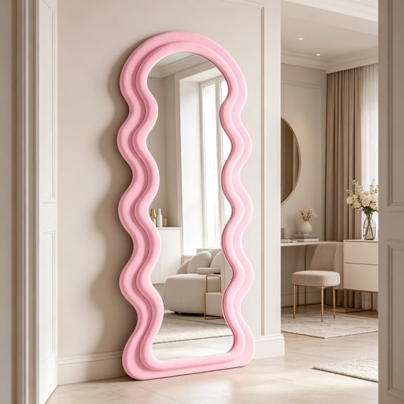 63"x24" Irregular Wavy Mirror, Wave Arched Floor Mirror, Wall Mirror Standing Hanging or Leaning for Bedroom, Flannel Wrapped Wooden Frame, Pink