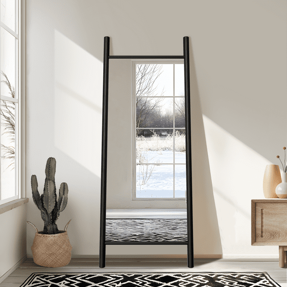 63"x24" Wood Full Length Mirror Ladder Rectangle Floor Mirror, Black