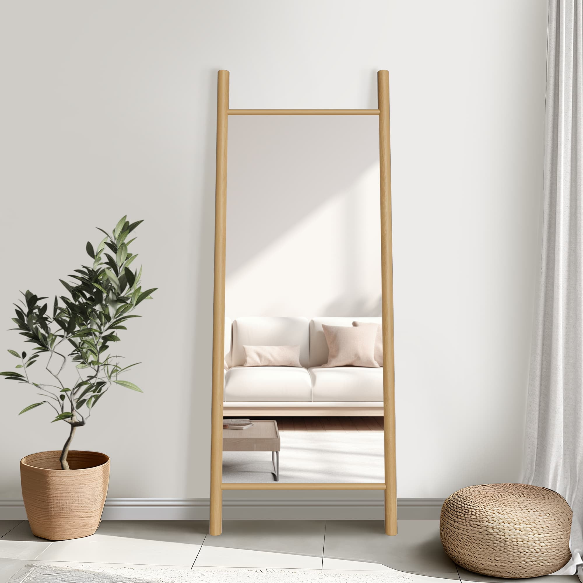 63"x24" Wood Full Length Mirror Ladder Rectangle Floor Mirror, Natural