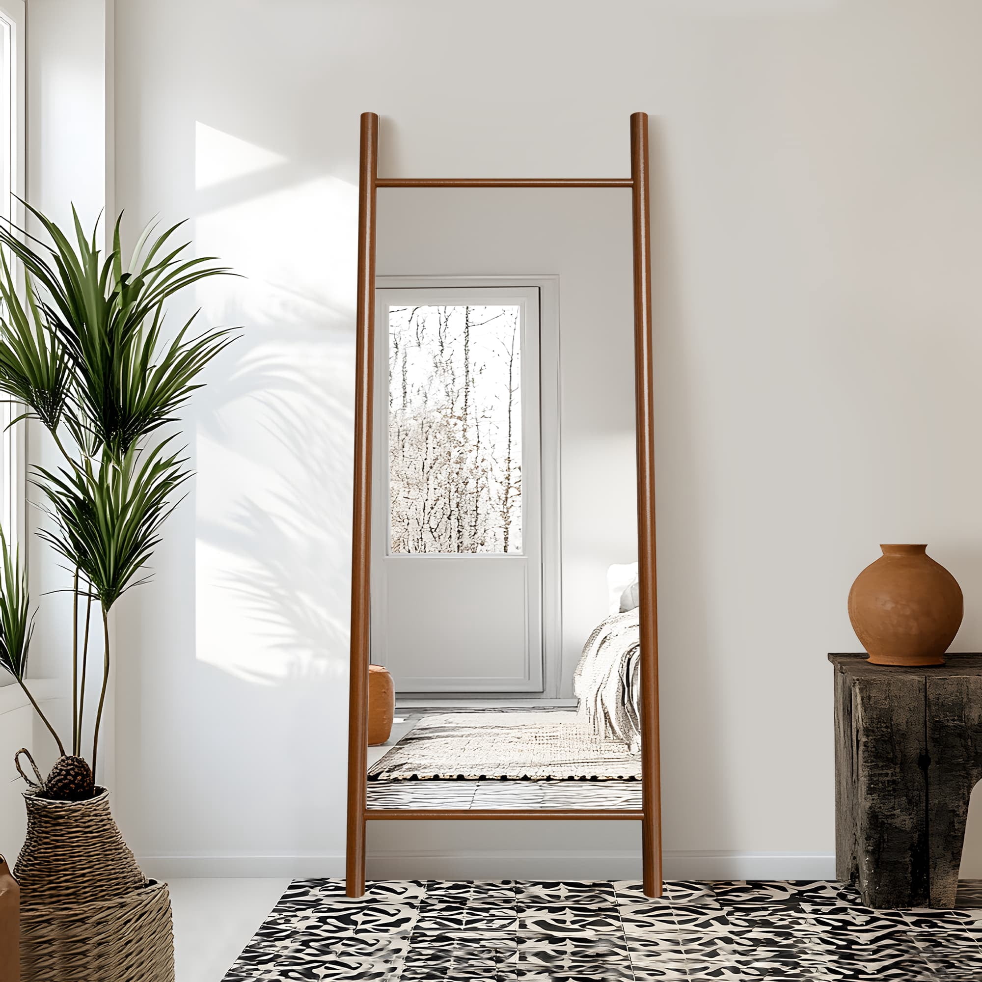 63"x24" Wood Full Length Mirror Ladder Rectangle Floor Mirror, Walnut
