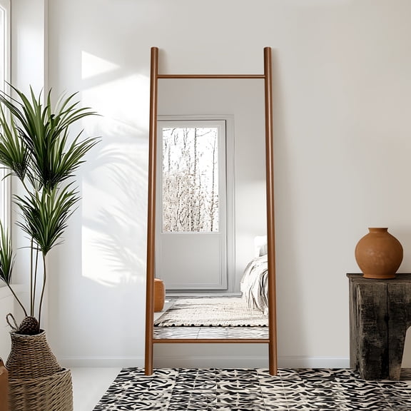 63"x24" Wood Full Length Mirror Ladder Rectangle Floor Mirror, Walnut