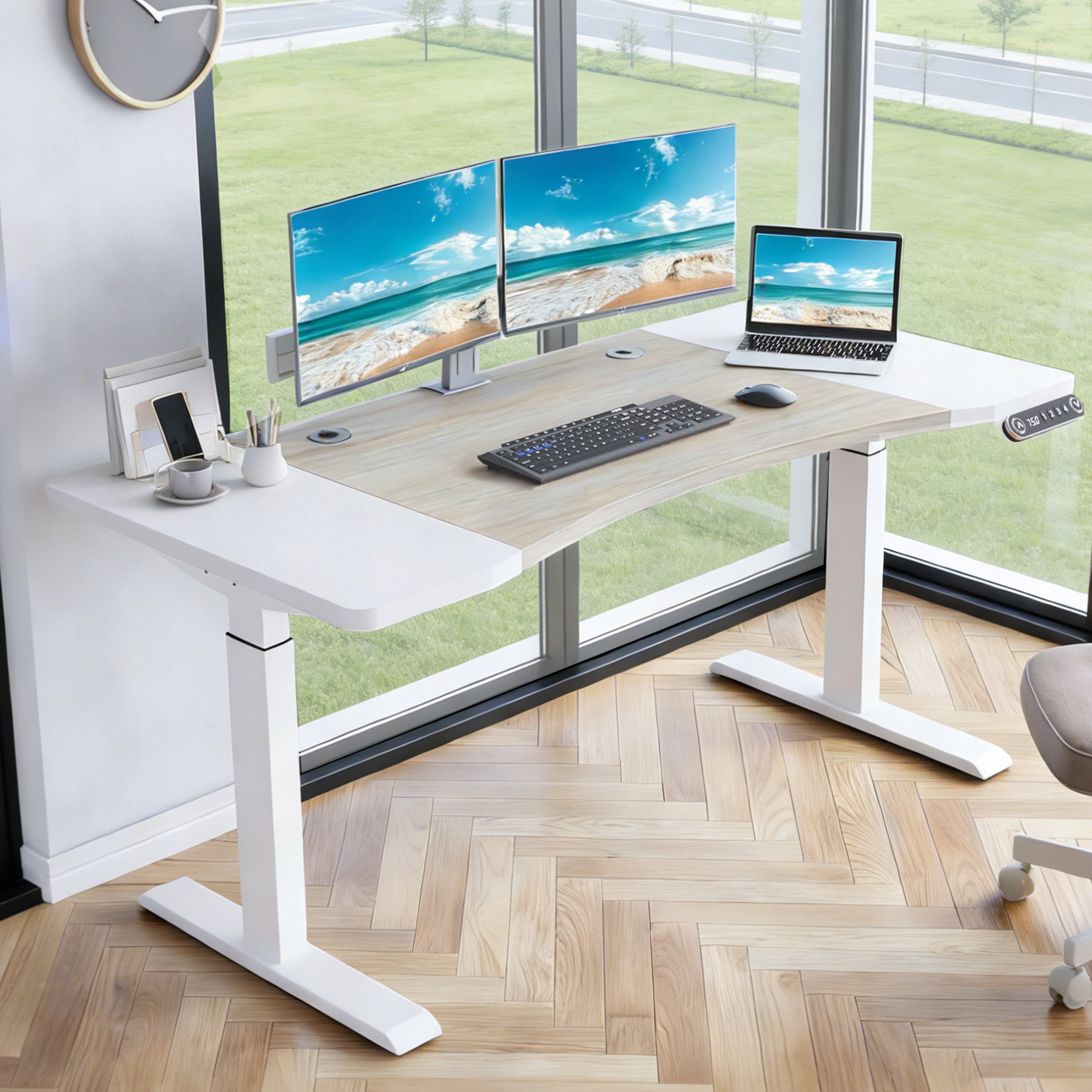 63"x30" Dual Motor Curve Design Height Adjustable Electric Standing Desk Height Stand Up Computer Desk, Sit and Stand Home Office Desk with Splice Board