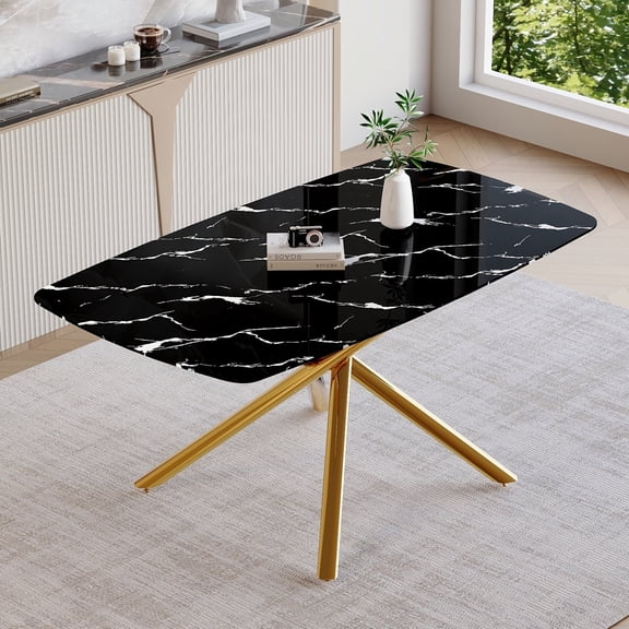 63"x35.4" Luxurious Black Marble-Patterned Tempered Glass Dining Table.Single Fork Golden Metal Table Legs.Tempered Glass Table Top,Golden Metal Leg.Make it Adaptable To Various Decoration Styles. No