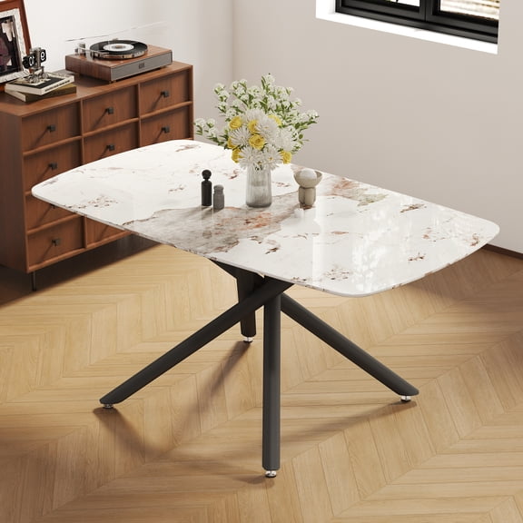 63"x35.4" Luxurious White Marble-Patterned Tempered Glass Dining Table, Single Fork Black Metal Legs, Adaptable to Various Styles