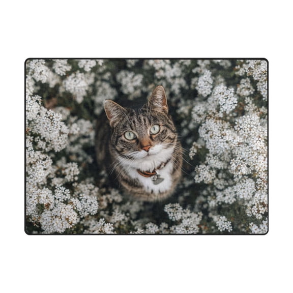 63'x48'&80'x58' Living Room Bedroom Super Soft Floor Mat Carpet With Non-Slip Bottom White Flowers Around The Cat