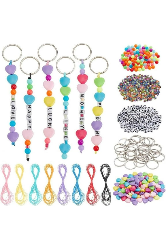 630 Pcs Beaded Keychain Making Kit Including Heart & Letter Acrylic Seed Beads Iron Split Key Rings and Waxed Polyester Cord for DIY Making Keyring Decor