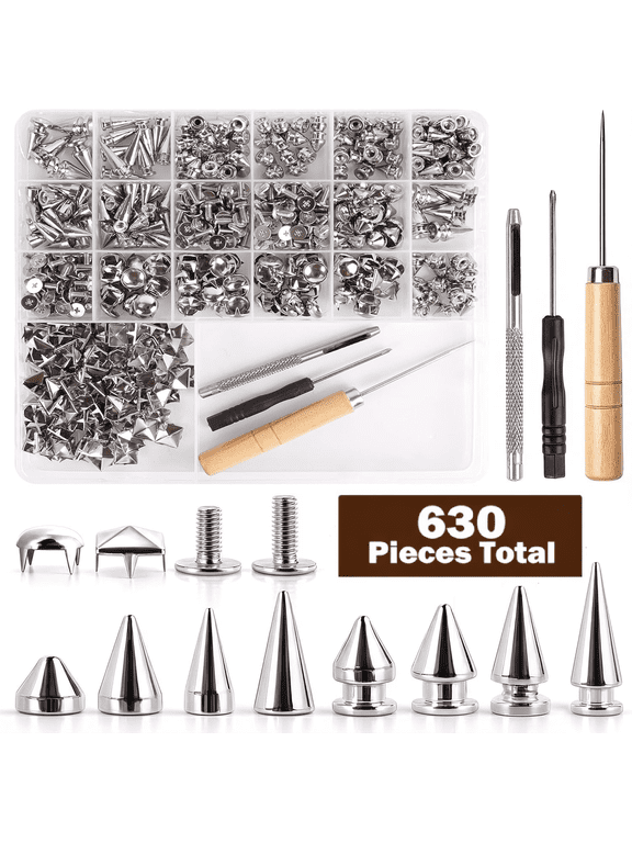 630 Sets Punk Studs and Spikes Kit8 Size Cone Spikes and Square Pyrami Studs for Clothing,Metal Tree Spikes Studs for Leathercraft and Punk Style Clothing Accessories DIY Craft Decoration