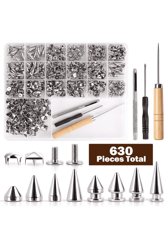 630 Sets Punk Studs and Spikes Kit8 Size Cone Spikes and Square Pyrami Studs for Clothing,Metal Tree Spikes Studs for Leathercraft and Punk Style Clothing Accessories DIY Craft Decoration