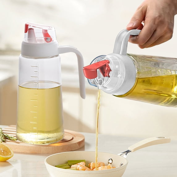 630ML Glass Oil Dispenser Bottle, Leakproof Automatic Flip Kitchen Oil Container, Non-Slip Handle Olive Oil Dispenser with Stopper for Cooking, Red