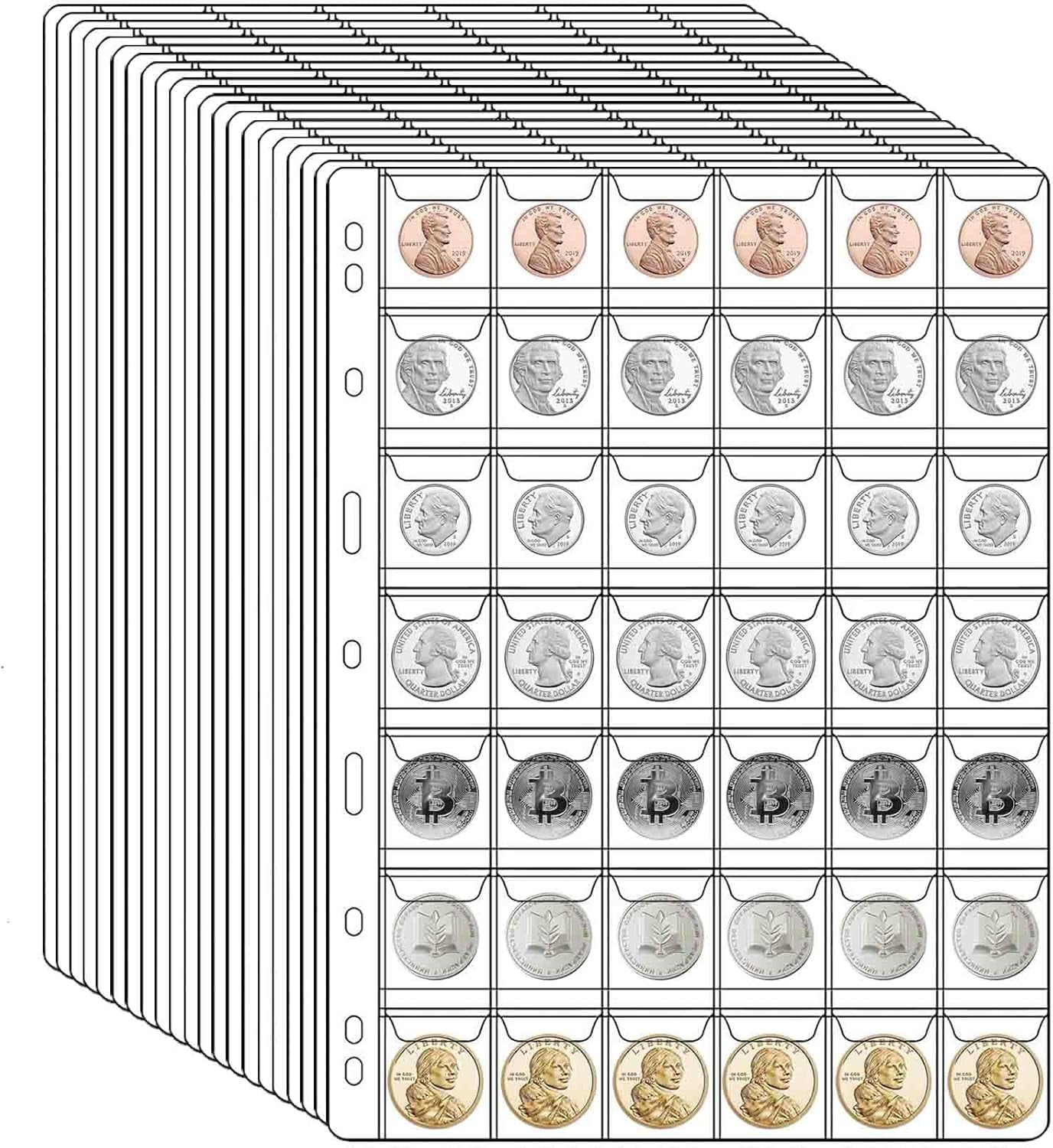 630Pockets Coin Collection Pages, 15 Sheets Coin Collection Supplies Pages with Standard 9 Hole Coin Binder Sleeves (42 Pocket)