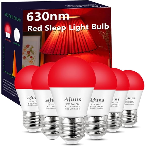 630nm LED Red Sleep Light Bulb Dimmable, Blue Light Blocking Bulb Promoting Melatonin Red Light Bulbs, A15 LED 5W 40W Equivalent Night Light E26 Base 6Pack
