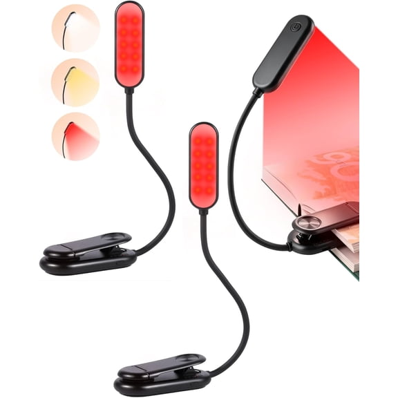 630nm Red Book Light for Reading at Night [2 Pack] - Zero Blue Light, Dimmable Reading Lights for Books in Bed, LED Book Lamp Clip on, G t for Students Parents Nurse Studying Travel