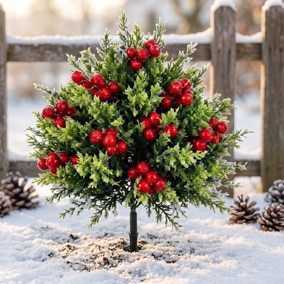 SPOORYYO Artificial Red Berry Topiary Tree - 42x26cm (16.5x10.2in) Outdoor Faux Plant for Garden, Porch, and Holiday Decor