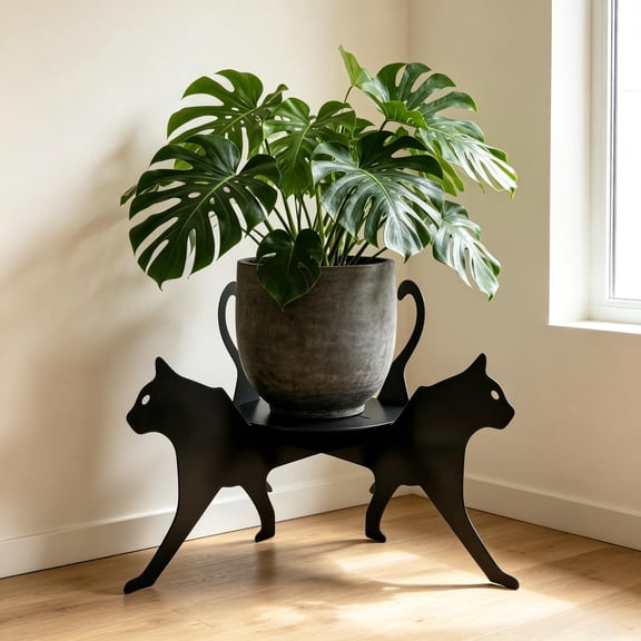 SPOORYYO Cats Shaped Metal Plant Stand Black, 10.2x6.3in, Durable Indoor/Outdoor Flower Pot Holder