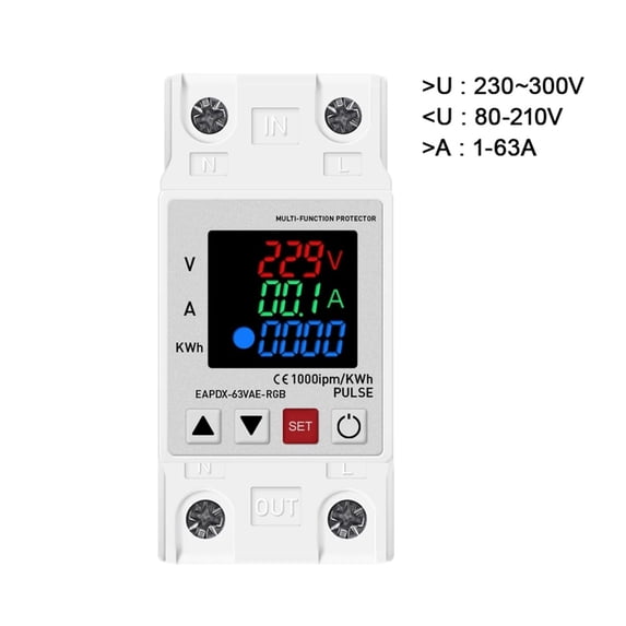 63A 230V 3IN1 Display Din Rail Adjustable Over Voltage Current Protective Device