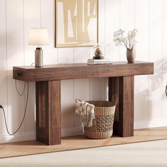 63In Console Table with Power Outlet and USB C Extra Long Sofa Table Behind Couch Narrow Entryway Table for Living Room 33.3In High Rustic Brown